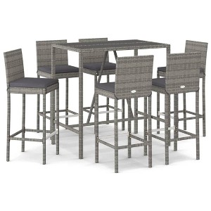 vidaXL Patio Bar Set Outdoor Table and Chair Set with Cushions Poly Rattan - Gray 43.3" Table Length 6 Piece - 1 of 4