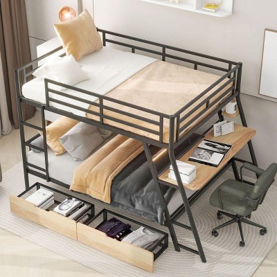 Streamdale Full Size Metal Bunk Bed with Built-in Desk, Light and 2 Drawers, Black