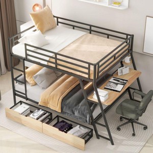Streamdale Full Size Metal Bunk Bed with Built-in Desk, Light and 2 Drawers, Black - 1 of 4