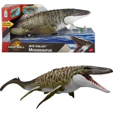 Детские фигурки Jurassic World Rebirth Bite N Blast Mosasaurus Action Figure and Mini Dilophosaurus, Dinosaur Toy