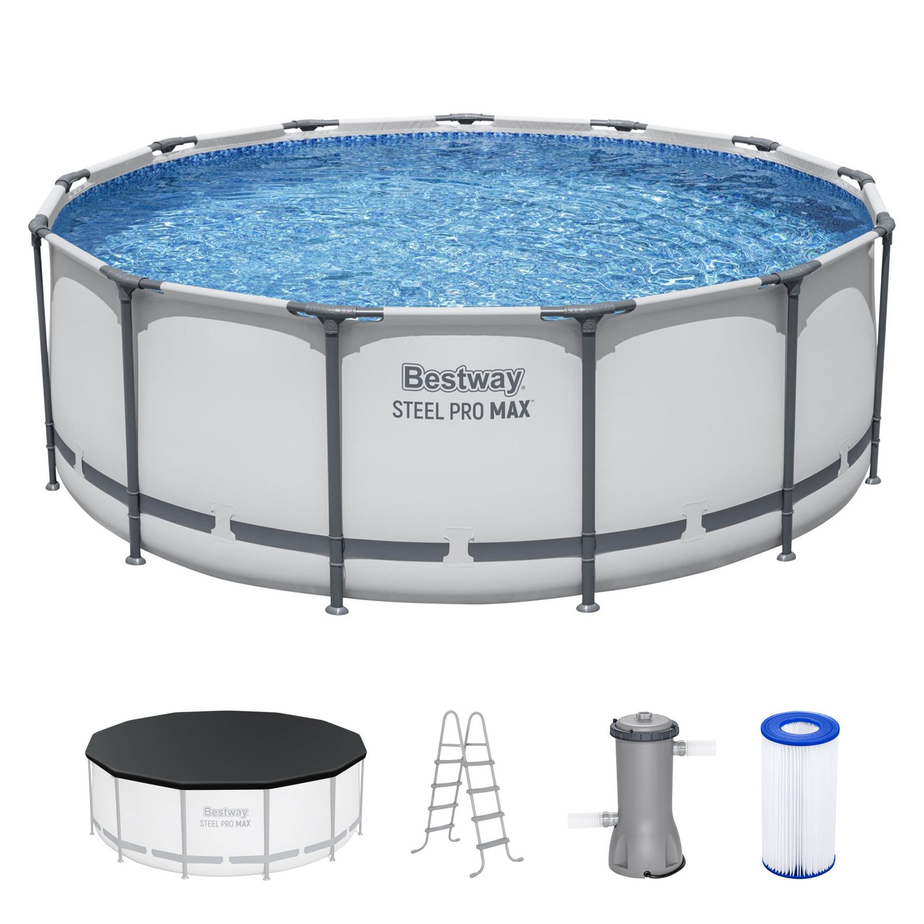 Bestway Steel Pro MAX 13 Foot x 48 Inch Round Metal Frame Above Ground Outdoor Swimming Pool Set with 1,000 Filter Pump, Ladder, and Cover