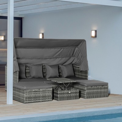 Gray Steel 4-Piece Outdoor Rattan Sofa Set with Adjustable Canopy
