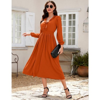 Womens Pleated Party Dress Long Sleeve V Neck Ruffle Elastic Empire Waist Wedding Guest Cocktail Dress
