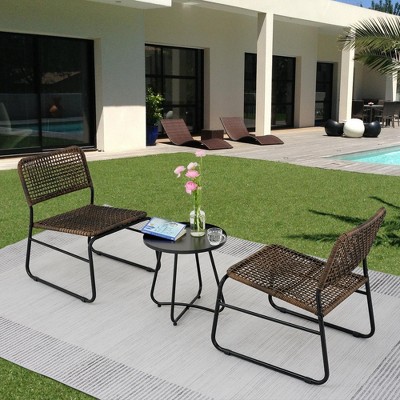 3 Piece Patio Furniture Set, PE Rattan Steel Frame And Modern Round Coffee Table, Brown+Black 4A - ModernLuxe