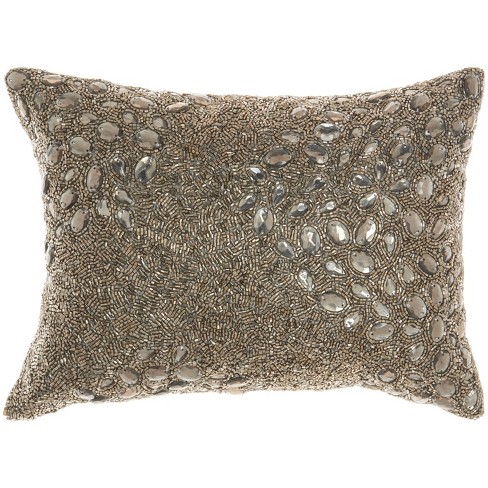 10 x14 Luminescence Fully Beaded Lumbar Throw Pillow Pewter Mina Victory Handcrafted Glam Style Zipper Closure