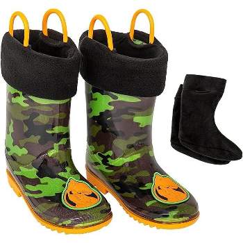 Addie & Tate Boys and Girls Rain Boots with Sock, Kids Rubber Boots- Size 8T-12 Years (Dino/Camo)