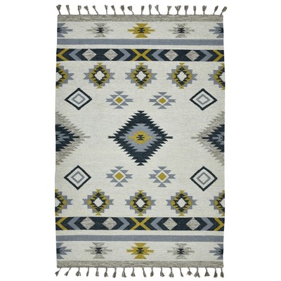 Ivory Blue And Gray Wool Geometric Flatweave Handmade Area Rug With Fringe