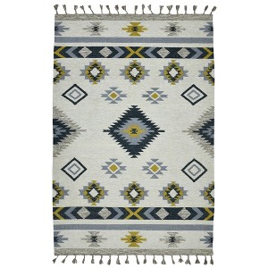 Ivory Blue And Gray Wool Geometric Flatweave Handmade Area Rug With Fringe - 1 of 4