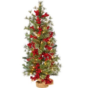Nearly Natural 3-ft Berry and Pine Artificial Christmas Tree with 50 Warm White Lights and Burlap Wrapped Base - 1 of 4