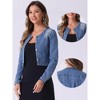 Allegra K Women's Collarless Button Down Crop Jean Denim Jackets - 2 of 4