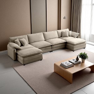 150.38" Corduroy U-Shaped Modular Sectional Sofa with Double-Layer Cushions & 2 Ottomans - 1 of 4
