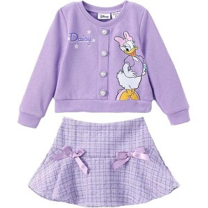 Disney Mickey Mouse & Friends Kids Girl Pearl Button  Top and Bottom Sets Knit Top & Tweed Skirt 4T-5T Purple 2 PCS - 1 of 4