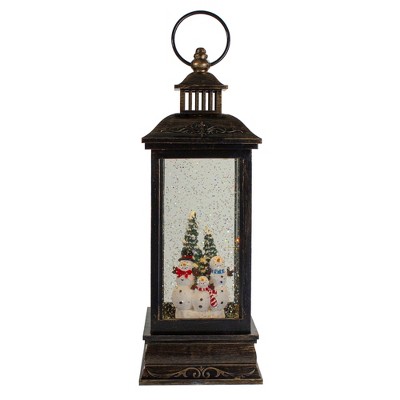 Northlight 11" Black with Brushed Gold LED Snowman Family Christmas Lantern Snow Globe