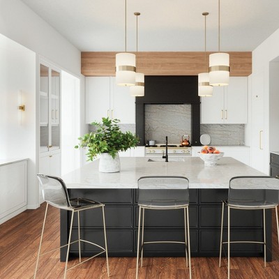 Elegant Transitional Soft Gold Pendant with White Fabric Shade