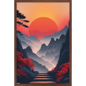 Trends International Andreas Magnusson - Sunset In The Mountains Framed Wall Poster Prints Mahogany Framed Version 22.375" x 34" - 1 of 4