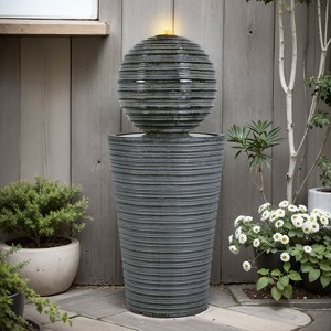 Okak 31.5IN Tall Concrete Column Fountain with Top Striped Ball, Outdoor Fountain with Modern Design, Freestanding Fountain for Garden, Gray - 1 of 4