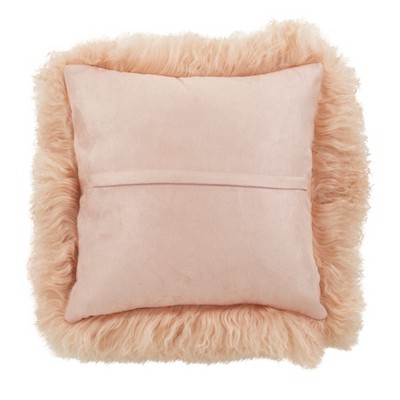 Peach Mongolian Lamb Fur Square Throw Pillow, 16" x 16"