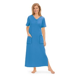 Collections Etc Soft Cotton V-Neck Long Patch Pocket Short Sleeve Lounger - 1 of 4