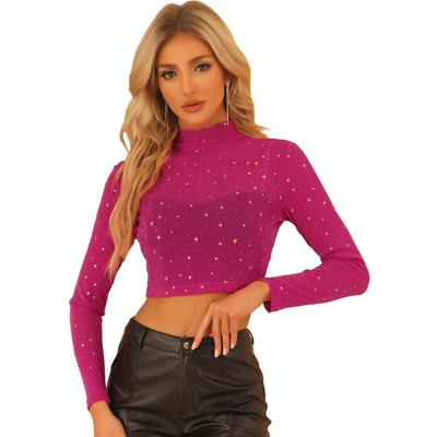 Allegra K Women's Mesh Crop Top Stars Pattern Glitter Sheer See Through  Blouse Black Small