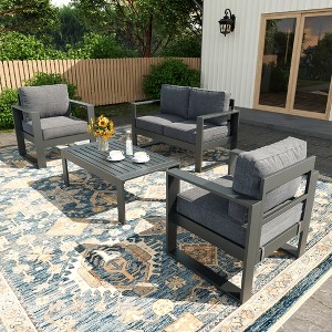 LayinSun 4 Pieces Aluminum Outdoor Patio Furniture Set, Metal Modern Conversation Sofa Set with Coffee Table and Washable Thick Cushions - 1 of 4