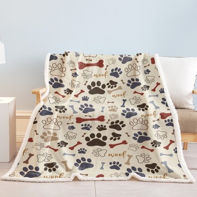 Boersma Dog Paw Print Throw Blanket - Cozy Bone & Paw Design Fleece for Dog Lovers, Brown, 50x60 Inches