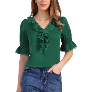 INSPIRE CHIC Women's Ruffle V Neck Puff Sleeve Summer Casual Chiffon Peasant Top - 1 of 4