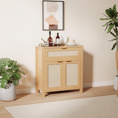 Buffet Cabinet with 2 Doors and Drawer, Large Coffee Bar Table Rattan Sideboard Cabinet with Adjustable Shelves, Coffee Bar Station Table for Kitchen