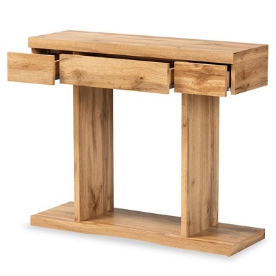 Oak Brown Finished Wood 3-Drawer Modern Console Table