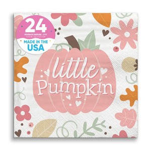 Big Dot of Happiness Girl Little Pumpkin Party Napkins, Fall Birthday or Pink Pumpkin Baby Shower Decor, White 3-Ply Paper Beverage Napkins - 24 Count - 1 of 4