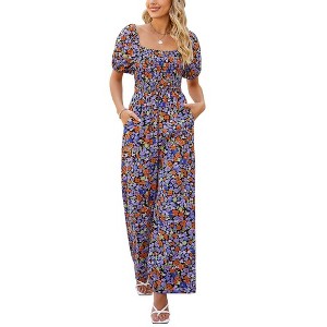 Whizmax Women's Summer Smocked Jumpsuits Casual Square Neck Short Sleeve High Waist Wide Leg Rompers with Pockets - 1 of 4