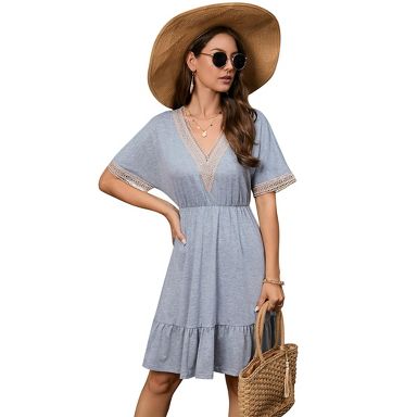 Coolmee Womens Summer Lace Mini Dresses Eyelet Casual Flowy Swing Short  Sleeve V Neck Tunic Dress L Grey : Target