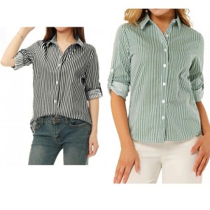 Allegra K Women's Striped Button Down Roll-up Long Sleeves Point Collar Shirt 2 Packs - 1 of 4