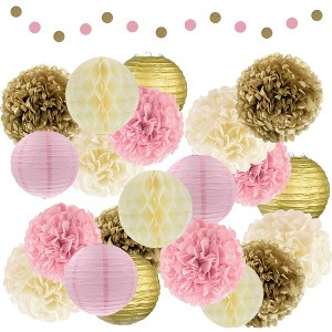 EpiqueOne 22-Piece Tissue Paper Pom Poms and Paper Lantern Party Kit - Add a Splash of Pink, Gold, & Ivory to Your Celebrations! - 1 of 4