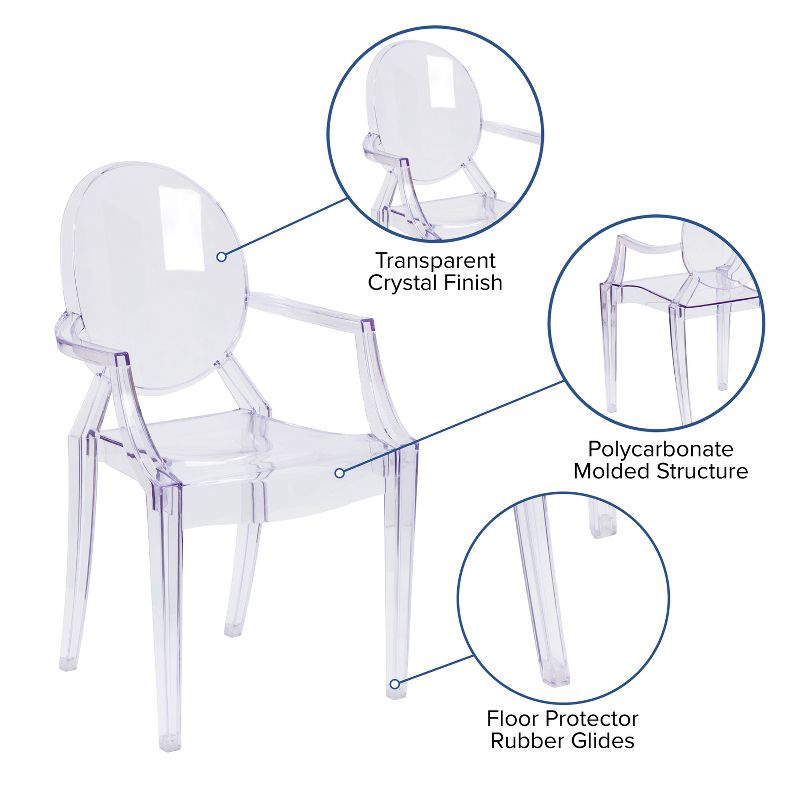 Emma and Oliver 4 Pack Oval Back Ghost Chair - Arms in Transparent Crystal - Stackable Side Chair, 4 of 12