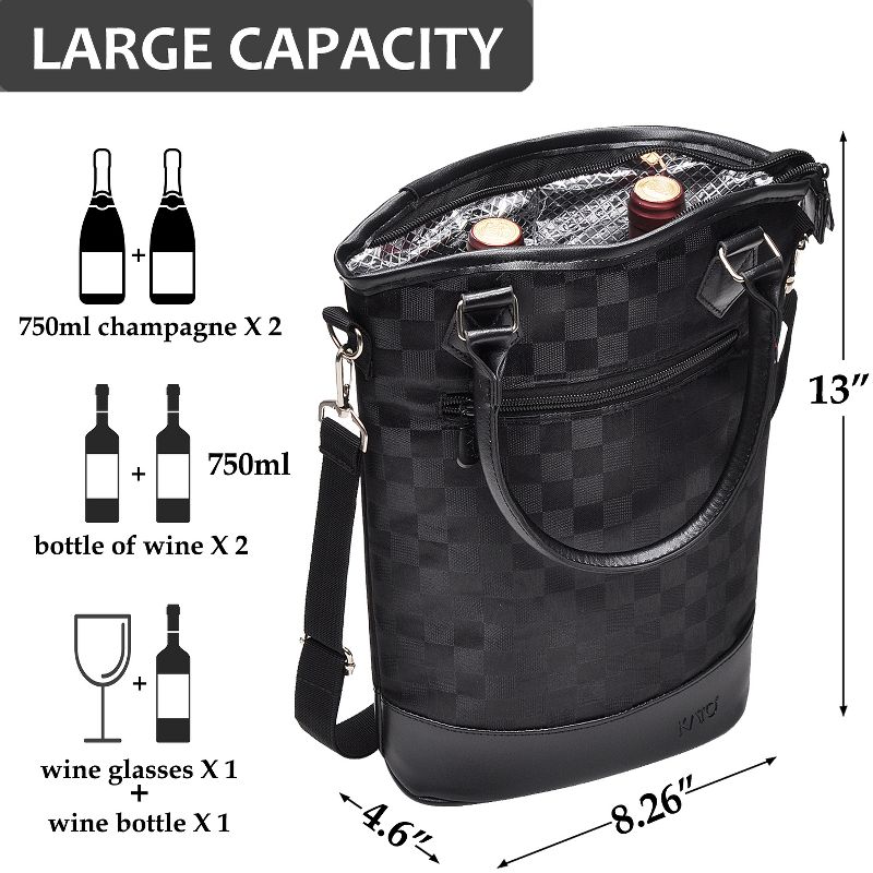 Tirrinia Insulated Wine Gift carrier Tote - Travel Padded 2 Bottle Wine Cooler Bag with Handle and Adjustable Shoulder Strap, Wine Lover Gift, Black, 4 of 9