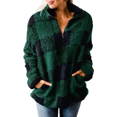 Haute Edition Women's 1/4 Zip Buffalo Plaid Faux Shearling Sweatshirt