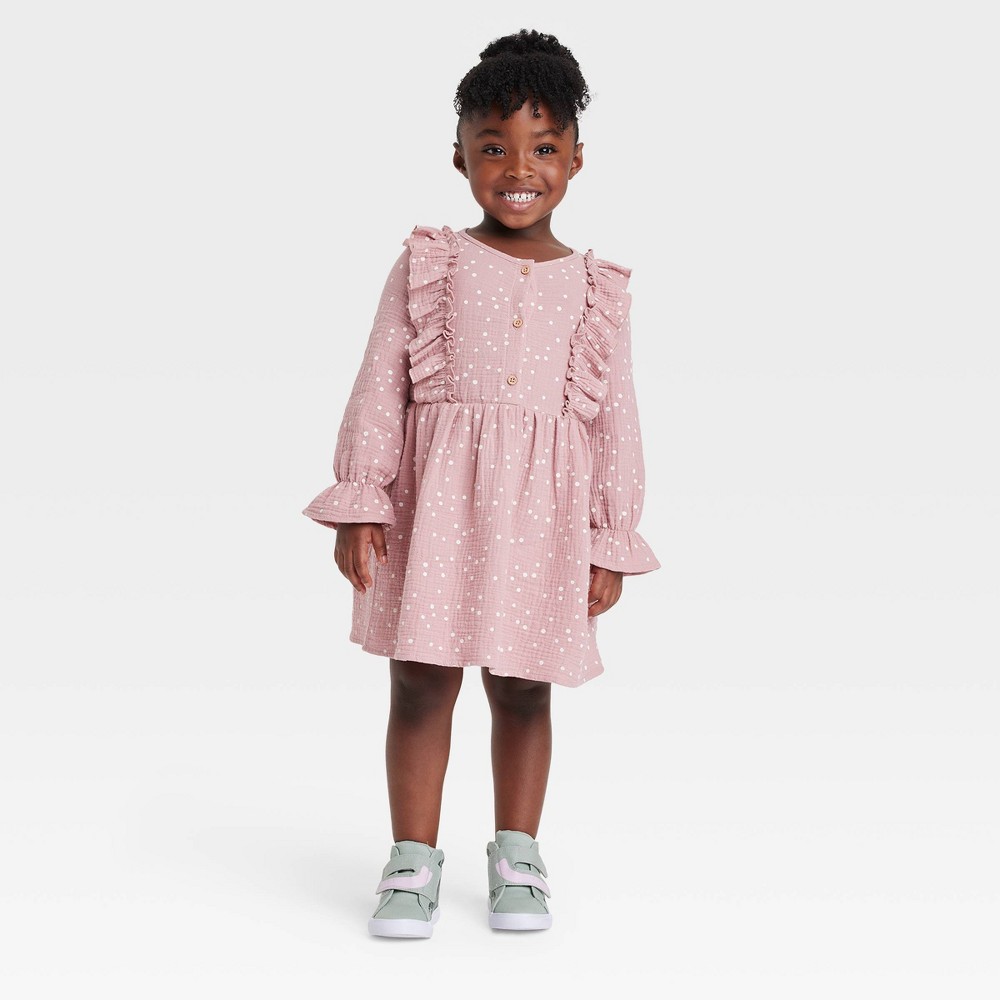 Grayson Collective Toddler Girls' Dot Gauze Ruffle Long Sleeve Dress - Rose 2T -  85728683