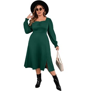Women's Plus Size Sweetheart Neckline Dress Puff Long Sleeve A Line Slit Hem Midi Dress - 1 of 4