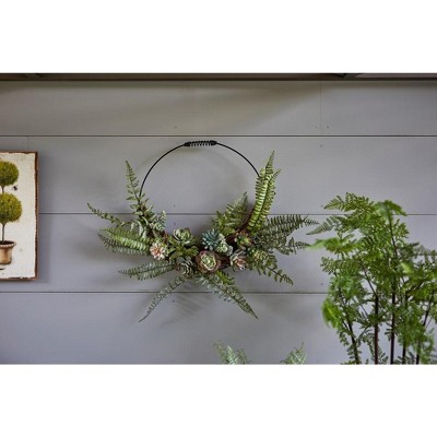 Green and Red Faux Fern and Succulent Wall Wreath