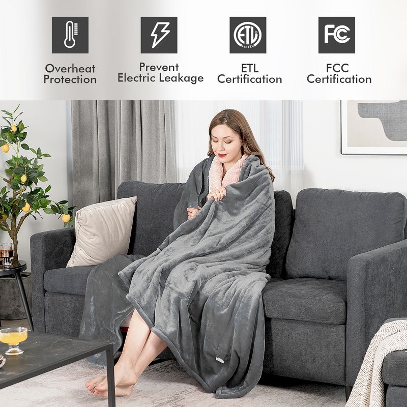 Tangkula 84" x 62" Twin Size Electric Heated Blanket, 5 Heating Levels, 10 Hours Auto Off, Cozy Flannel & Fabric, Overheat Protection Gray, 5 of 11