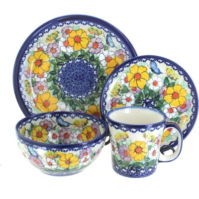 Blue Rose Polish Pottery Pastel Garden 16 Piece Dinnerware Set