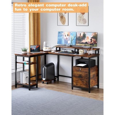 L Shaped Computer Desk with Power Outlet, Reversible Gaming Desk with Dual Monitor Stands, File Drawer & Adjustable Shelf, Home Office Setup
