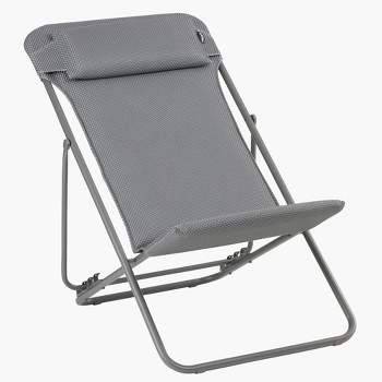 Lafuma Maxi Transat Plus Adjustable Foam Padded Ultra Compact Reclining Foldable Sling Chair with Headrest for Indoors and Outdoors, Silver