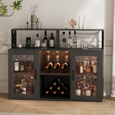 GustoWave Farmhouse Wine Bar Cabinet, Wine Rack,Glass Holder, Freestanding Buffet Sideboard for Dining Room, Kitchen or Living Room, Black