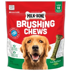 Milk-Bone Brushing Chews Daily Chicken Dental Dog Treats, Fresh Breath, Large with Peppermint Flavor - 24.2oz/18 bones - 1 of 4