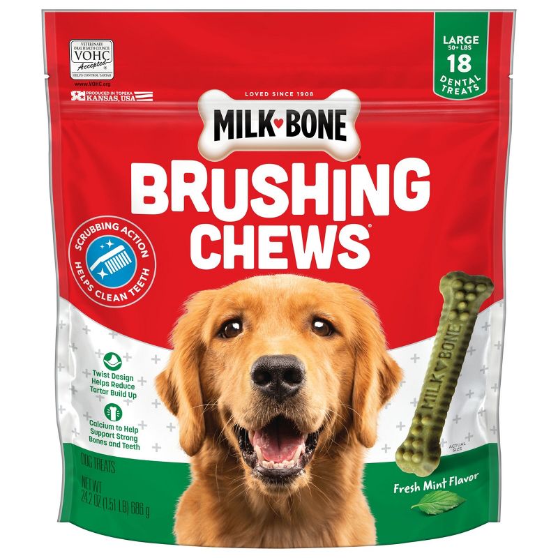 Milk-Bone Brushing Chews Daily Chicken Dental Dog Treats, Fresh Breath, Large with Peppermint Flavor - 24.2oz/18 bones, 1 of 11