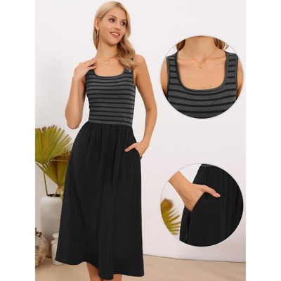 Женские платья INSPIRE CHIC Women's Summer Striped Patchwork Square Neck Sleeveless A-Line Midi Dress Small Black — фото 2