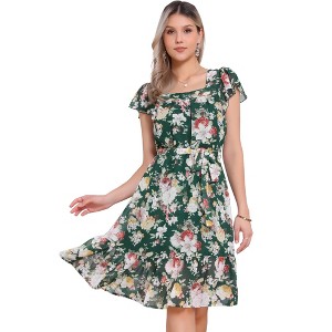 Allegra K Women's Floral Chiffon Flutter Sleeve Belted Square Neck Ruffled Hem Dress - 1 of 4