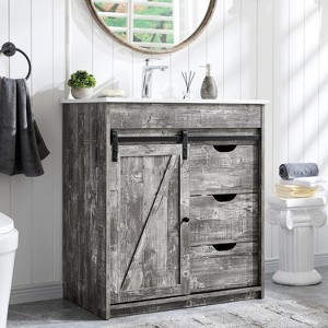 SinCiDo 30" Farmhouse Bathroom Storage Cabinet, Bathroom Dressing Table with Sink, Sliding Barn Door, 3 Drawers and Adjustable Shelves,Light Grey - 1 of 4