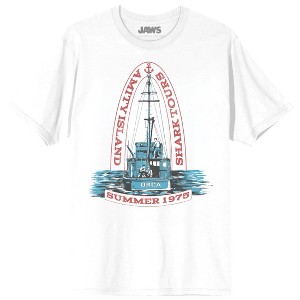 Jaws Franchise Amity Island Shark Tours Iconic Orca Tail  Sail on White Adult White Crew Neck Short Sleeve T-shirt - 1 of 3